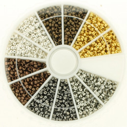 Boite box de perles à écraser 2mm - 6 coloris (argenté, doré, bronze,..) - env 3000 pièces