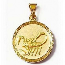 Pendentif médaille ronde signe astrologique zodiaque scorpion en plaqué or + chaine