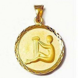 Pendentif médaille ronde signe astrologique zodiaque Verseau en plaqué or + chaine 