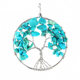 Grand Pendentif médaille arbre de vie tree of life en howlite turquoise + chaine