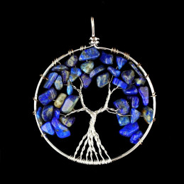 Grand Pendentif médaille arbre de vie en lapis lazuli + chaine