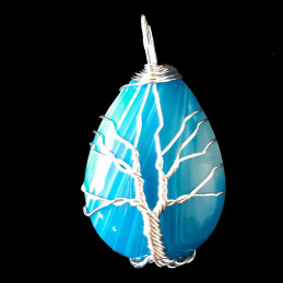 Pendentif goutte arbre de vie  wrap en agate bleue + chaine 3,5cm