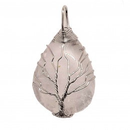 Pendentif goutte arbre de vie  wrap en cristal de roche + chaine 3,5cm