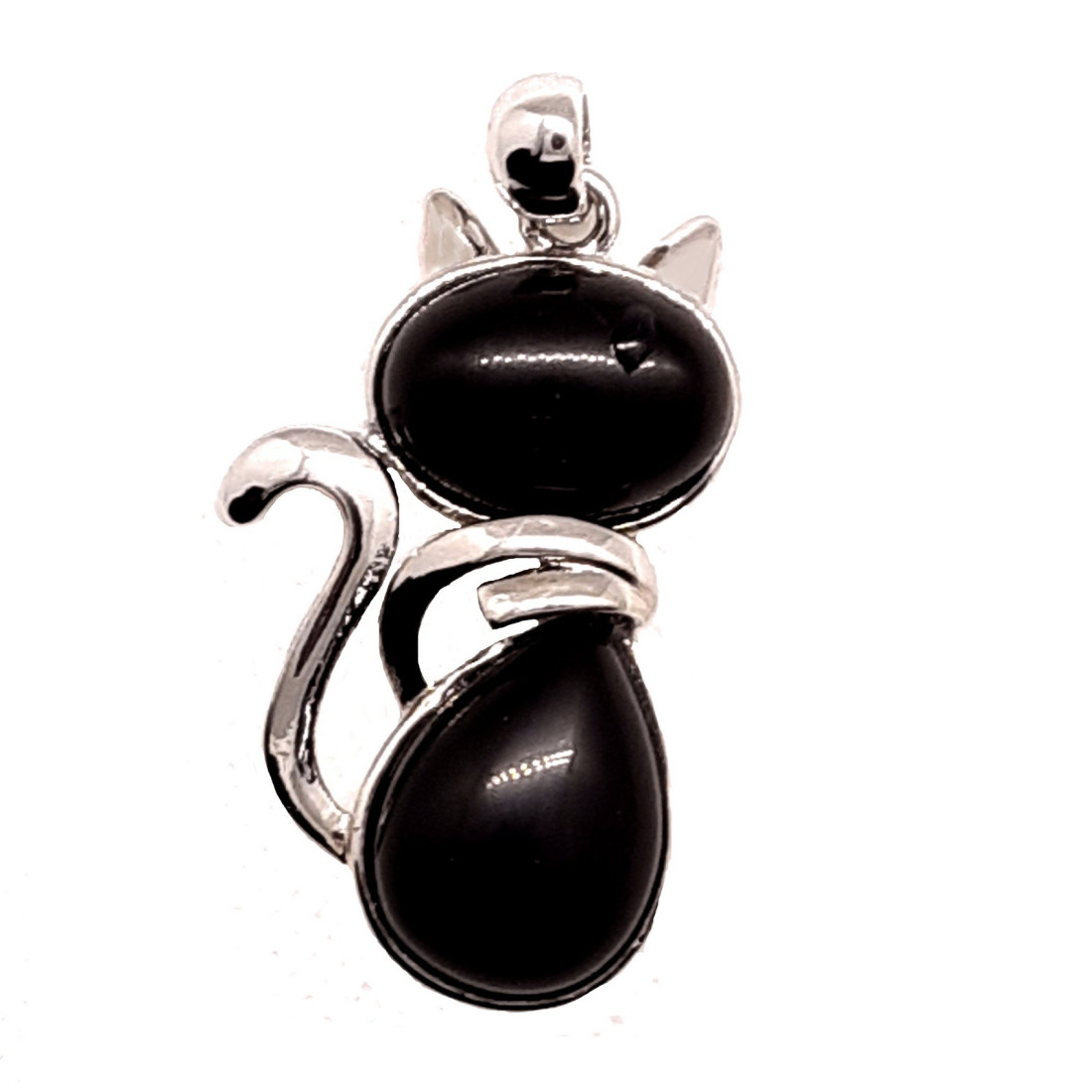 Pendentif chat acier avec deux cabochons en agate noire + chaine