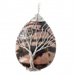 Pendentif goutte arbre de vie  wrap en rhodonite + chaine 4cm