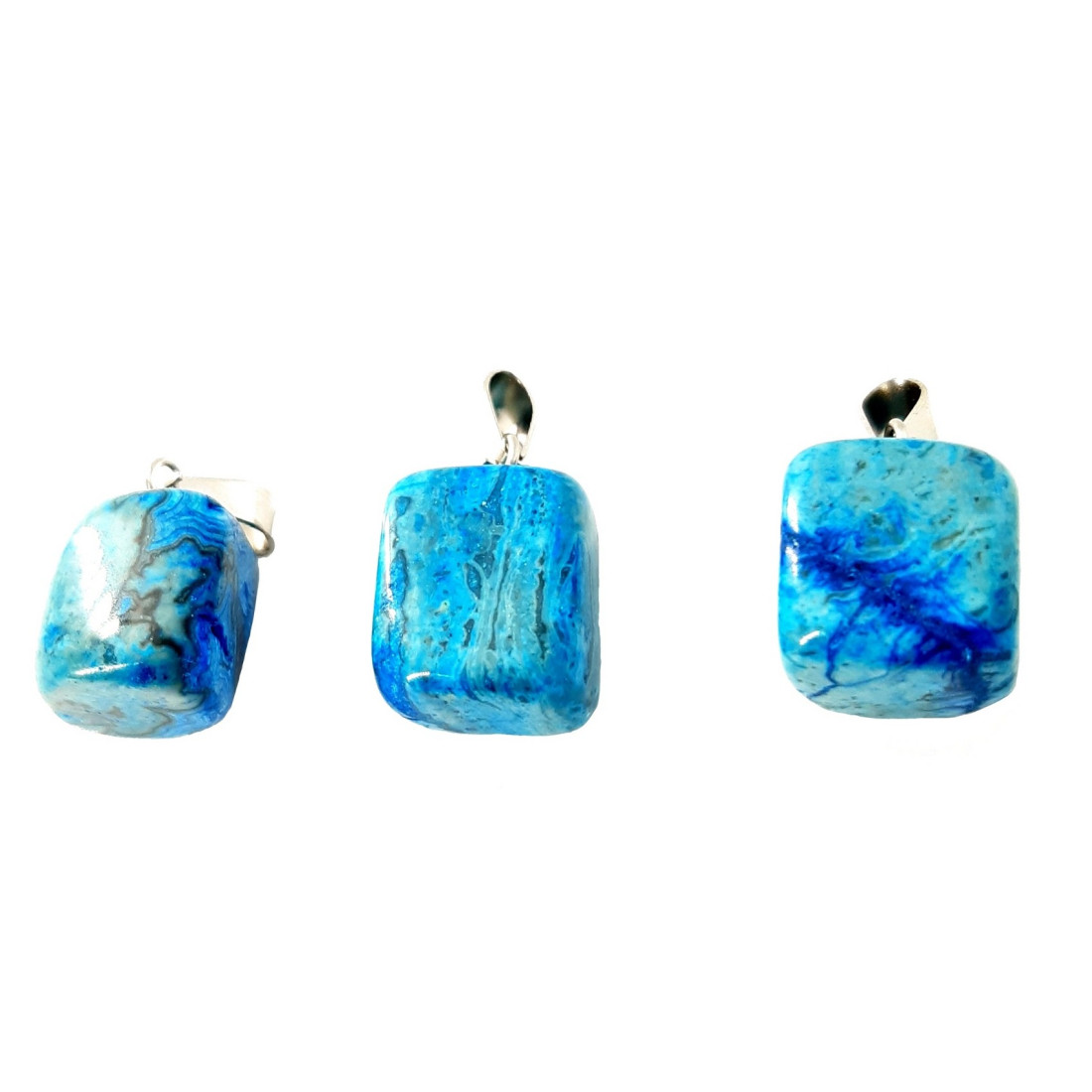 Pendentif pierre roulée en jaspe bleu fantaisie avec bélière - forme irrégulière + chaine