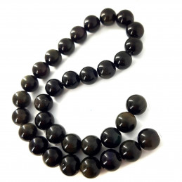Fil de 32 perles rondes 12mm en obsidienne noire dorée argentée