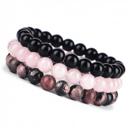 Lot de 3 Bracelets élastique en rhodonite quartz rose et agate noire 8mm