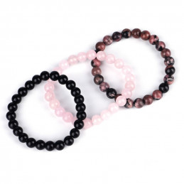 Lot de 3 Bracelets élastique en rhodonite quartz rose et agate noire 8mm