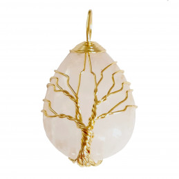 Pendentif goutte arbre de vie en cristal de roche wrap doré + chaine 3,5cm