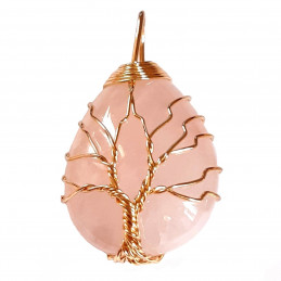 Pendentif goutte arbre de vie en quartz rose wrap doré + chaine 3,5cm