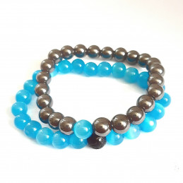 Lot de 2 Bracelets élastique duo en oeil de chat bleu - hématite perles rondes 17mm