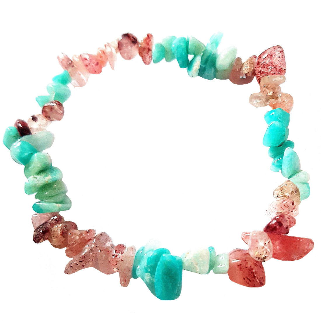 Bracelet élastique de perles chips en quartz fraise et amazonite  - 50mm