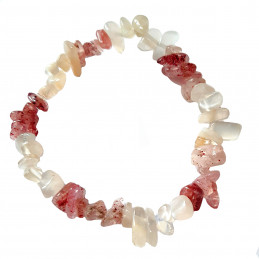 Bracelet élastique de perles chips en quartz fraise et pierre de lune  - 50mm