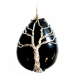 Pendentif goutte arbre de vie  wrap en agate noire + chaine 3,5cm
