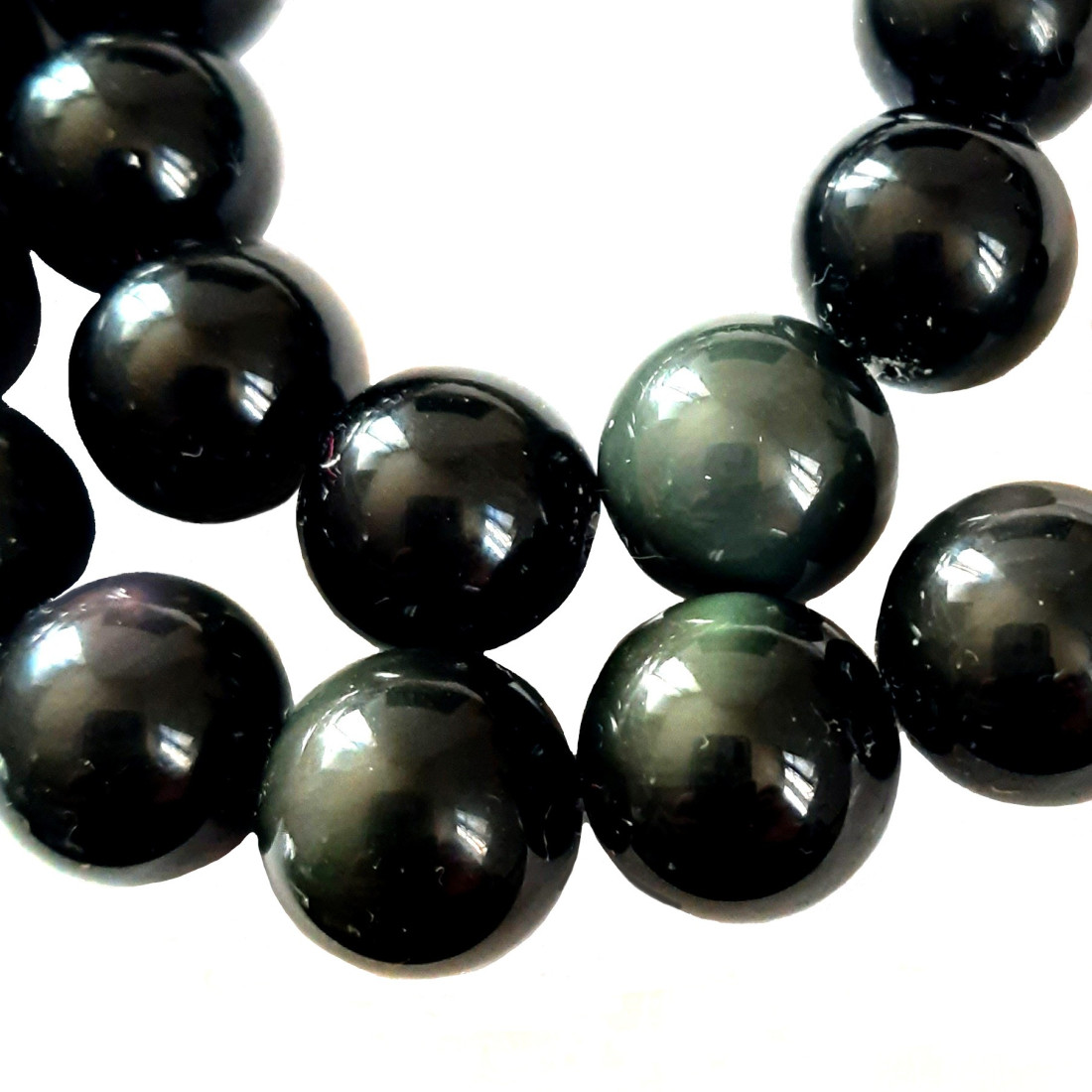 Fil de 27 perles rondes 14mm en obsidienne noire dorée argentée