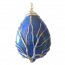 Grand Pendentif goutte arbre de vie  wrap en lapis lazuli lazulis + chaine