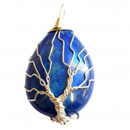 Grand Pendentif goutte arbre de vie  wrap en lapis lazuli lazulis + chaine