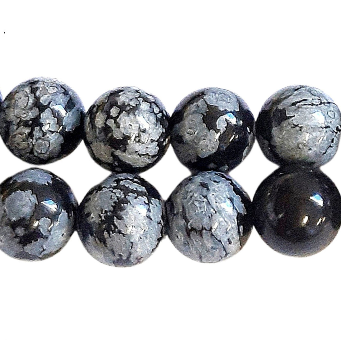 Fil de 48 perles rondes 8mm en obsidienne neige mouchetée