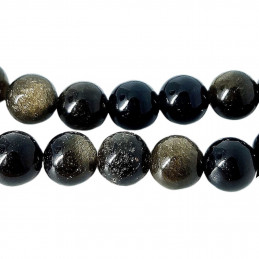 Fil de 48 perles rondes 8mm 8 mm en obsidienne noire dorée