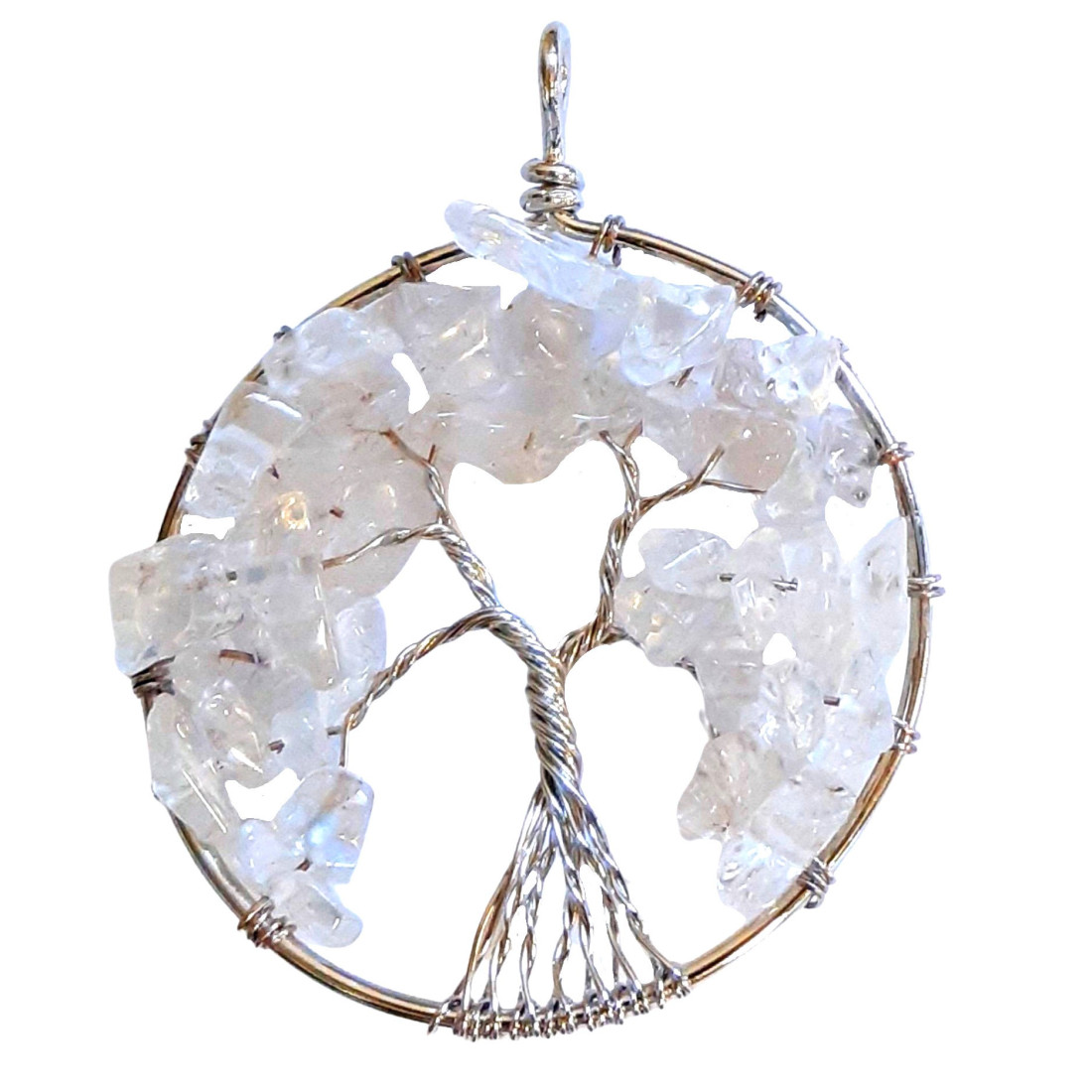 Grand Pendentif médaille arbre de vie en cristal de roche + chaine