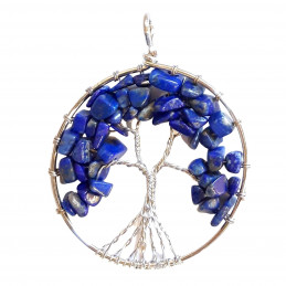 Grand Pendentif médaille arbre de vie en lapis lazuli + chaine