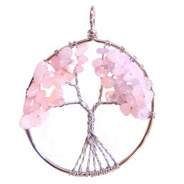 Grand Pendentif médaille arbre de vie en quartz rose + chaine
