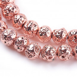 Fil de 60 perles rondes 6mm 6 mm en pierre de lave rose or métallisée teintée