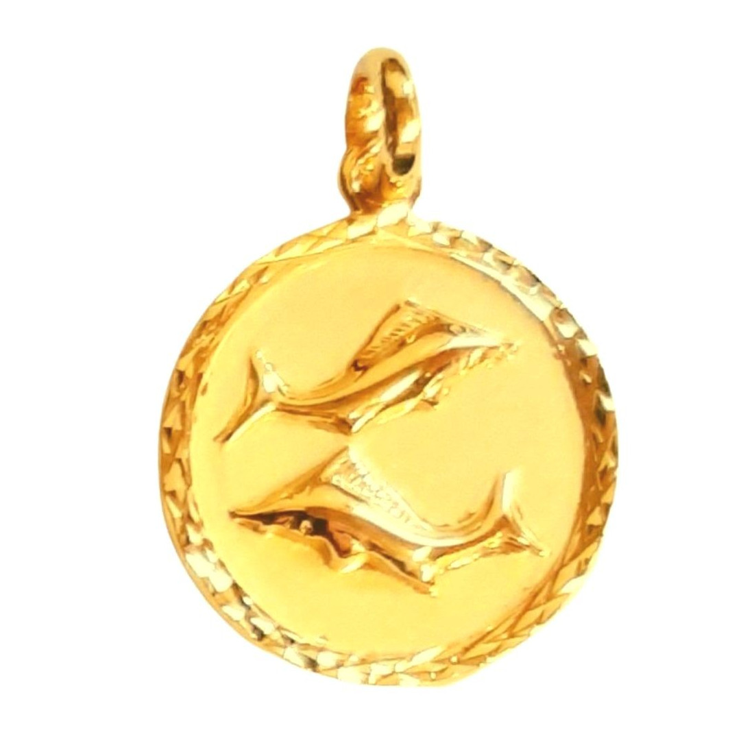 Pendentif médaille ronde signe astrologique zodiaque Poissons en plaqué or + chaine 
