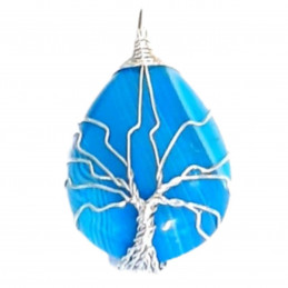 Pendentif goutte arbre de vie  wrap en agate bleue + chaine 3,5cm