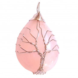 Pendentif goutte arbre de vie en quartz rose wrap argenté + chaine 3,5cm