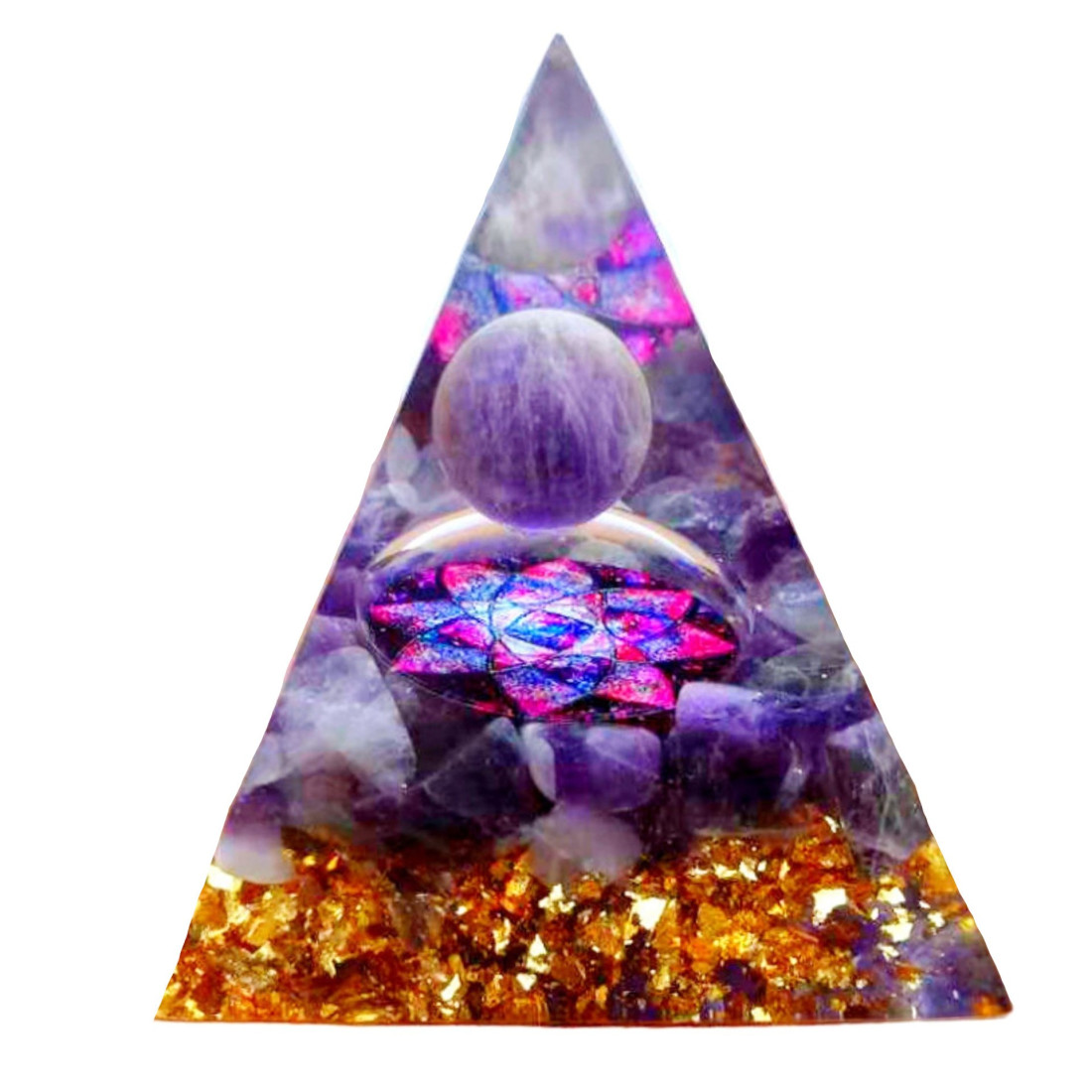 Pyramide orgonite orgone en résine et boule améthyste motif fleur org2 6cm