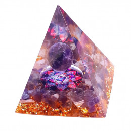 Pyramide orgonite orgone en résine et boule améthyste motif fleur org2 6cm