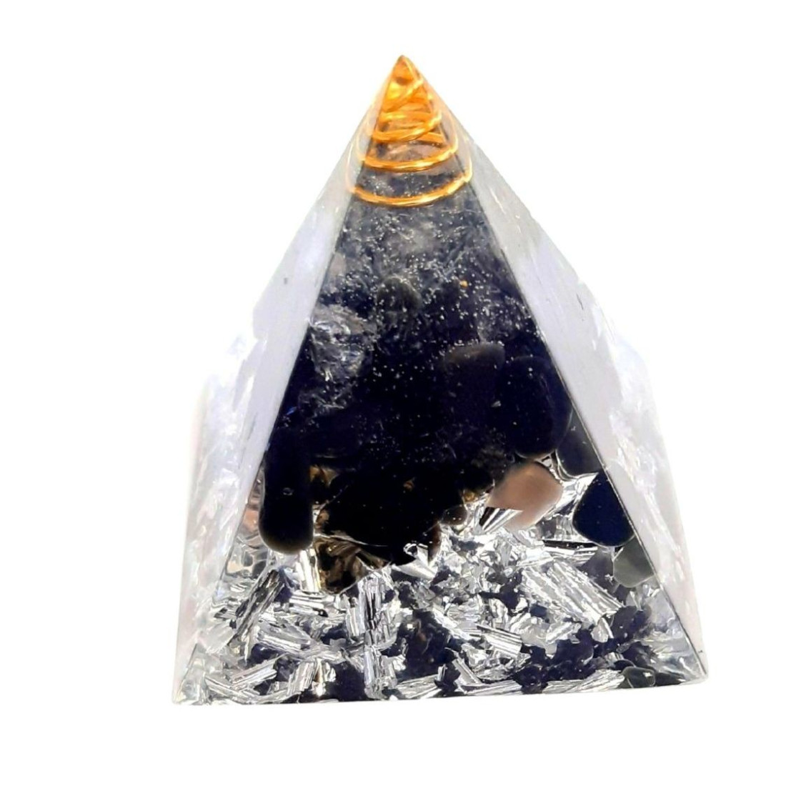 Pyramide orgonite orgone en résine, cristal de roche, onyx, copeaux argentés orgo9 5cm