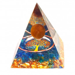Pyramide orgonite orgone en résine et boule oeil de tigre et galets bleu motif arbre de vie orgo11 6cm