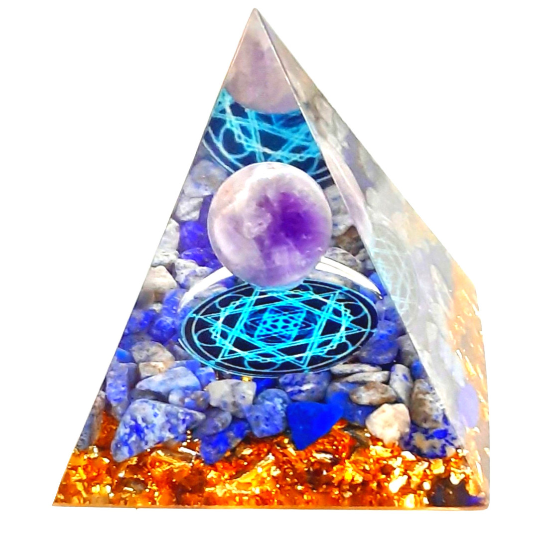 Pyramide orgonite orgone en résine et boule améthyste et galets lapis lazuli orgo12 6cm