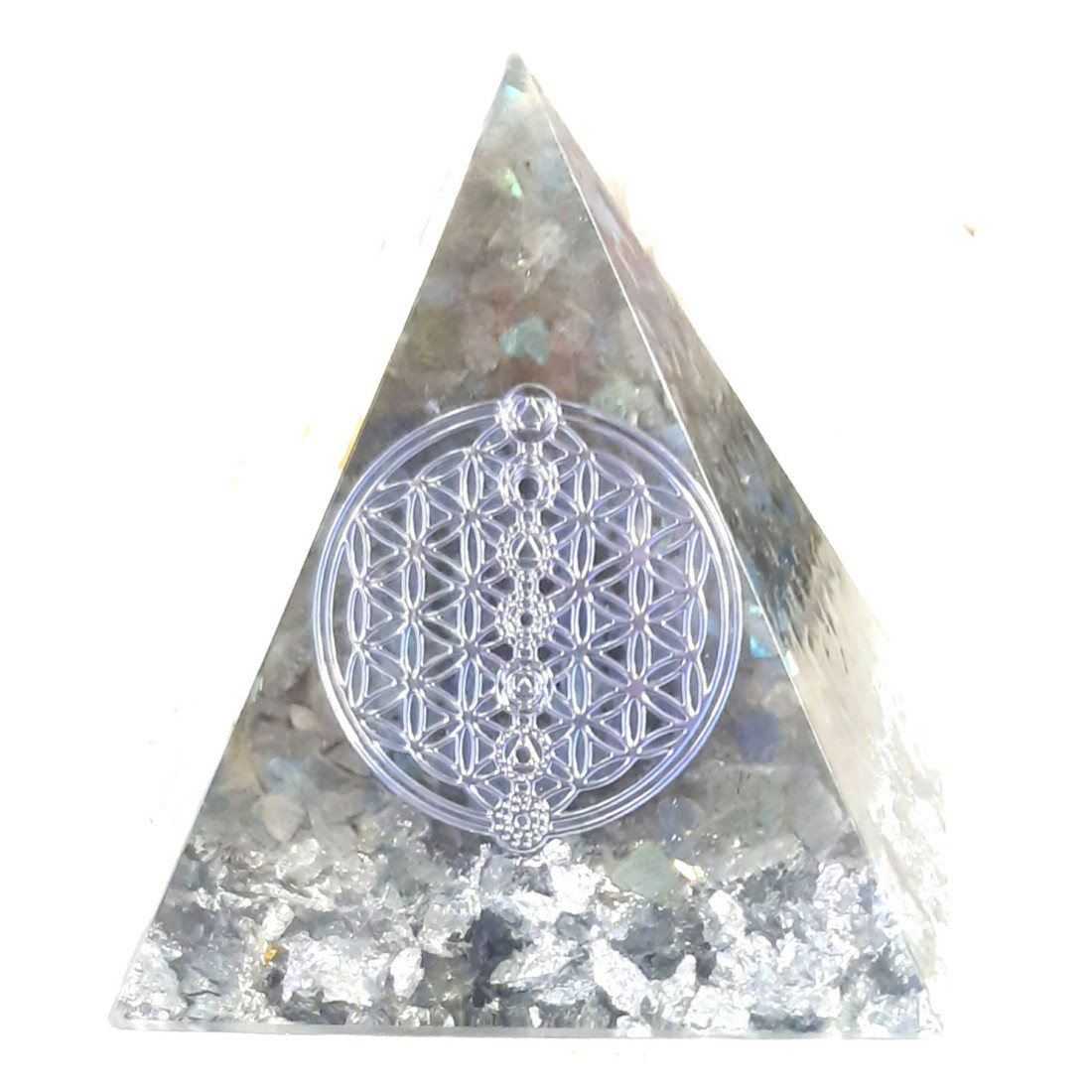 Pyramide orgonite orgone en résine et galets labradorite motif fleur de vie de vie orgo13 6cm