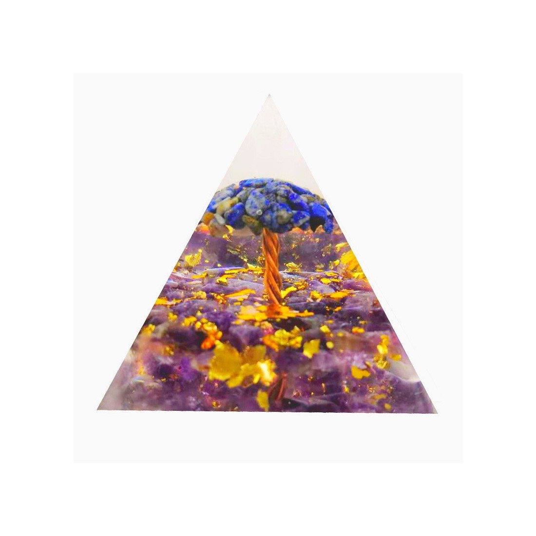 Pyramide orgonite orgone en résine arbre de vie lapis lazuli et améthyste orgo14 6cm