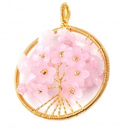 Pendentif médaille fleurs de cerisiers en chips de quartz rose+ chaine