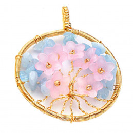Pendentif médaille fleurs de cerisiers en chips de quartz bleu+ chaine
