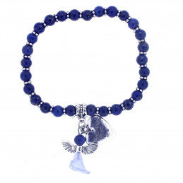 Magnifique bracelet élastique breloques ange et coeur en perles de lapis lazuli