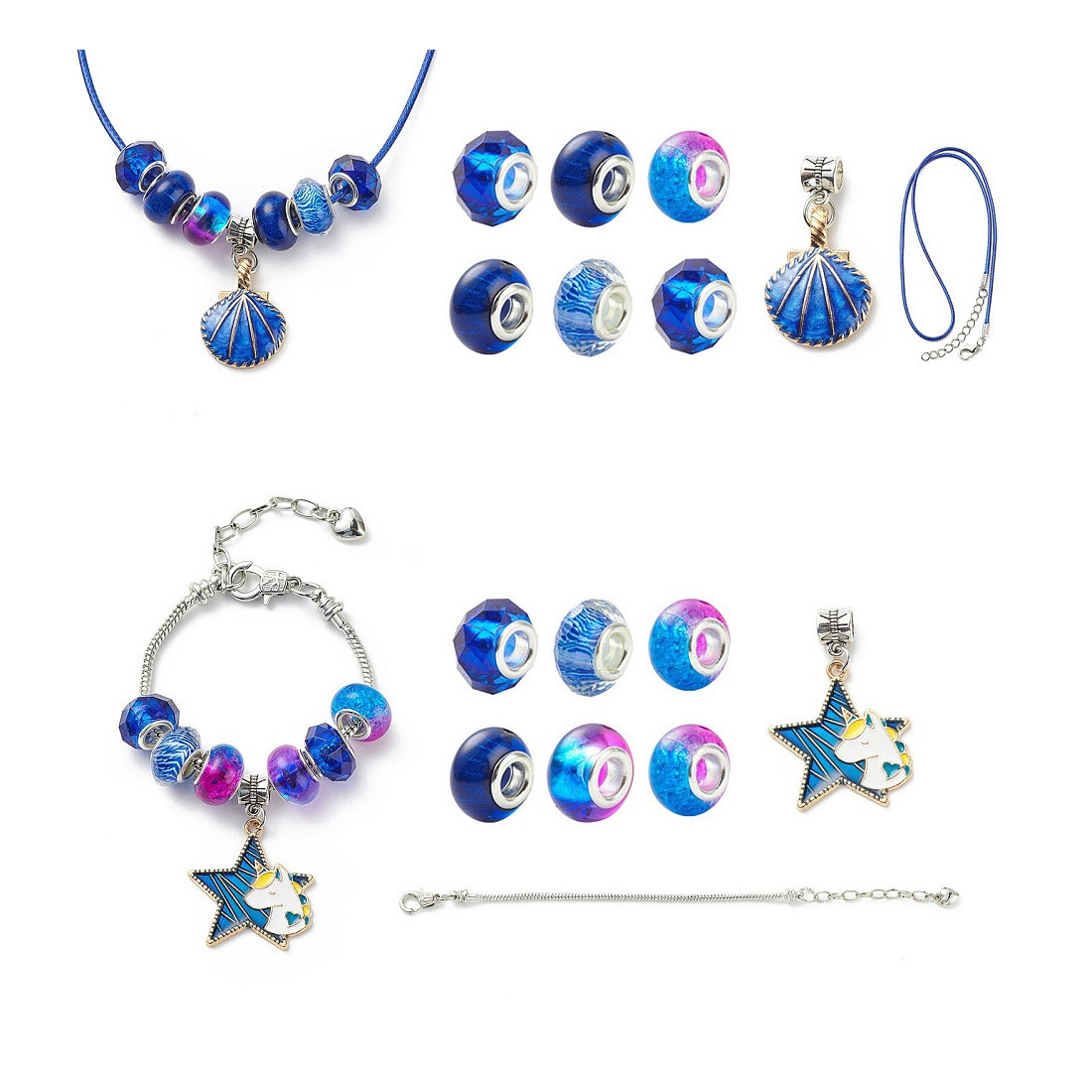 Kit DIY de 2 bracelets enfants à faire soi même avec charm licorne  breloques perles bleus