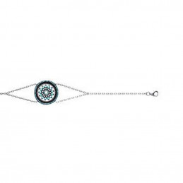 Bracelet médaille ronde vitrail fleur orné de cz noir en argent  rhodié chaine força 18 cm