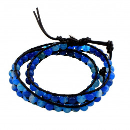 Bracelet long wrap entouré de perles rondes 6mm en agate bleu - 50cm