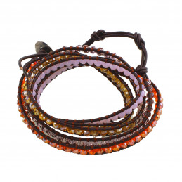 Bracelet long wrap entouré de perles cristal facettées orange et rose - 90cm