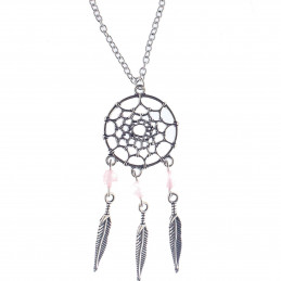 Collier Indien dreamcatcher attrape rêve en acier et perles de quartz rose - 45cm