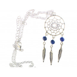 Collier Indien dreamcatcher attrape rêve en acier et perles de lapis lazulis - 45cm