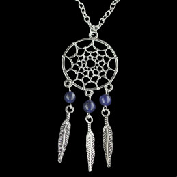Collier Indien dreamcatcher attrape rêve en acier et perles de lapis lazulis - 45cm