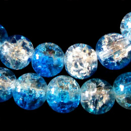 Fil de 130 perles rondes craquelées bleu fonçé et blanc en verre 6mm 6 mm