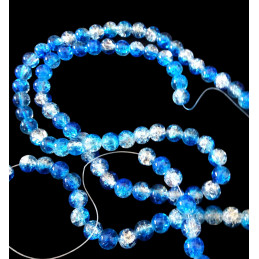 Fil de 130 perles rondes craquelées bleu fonçé et blanc en verre 6mm 6 mm